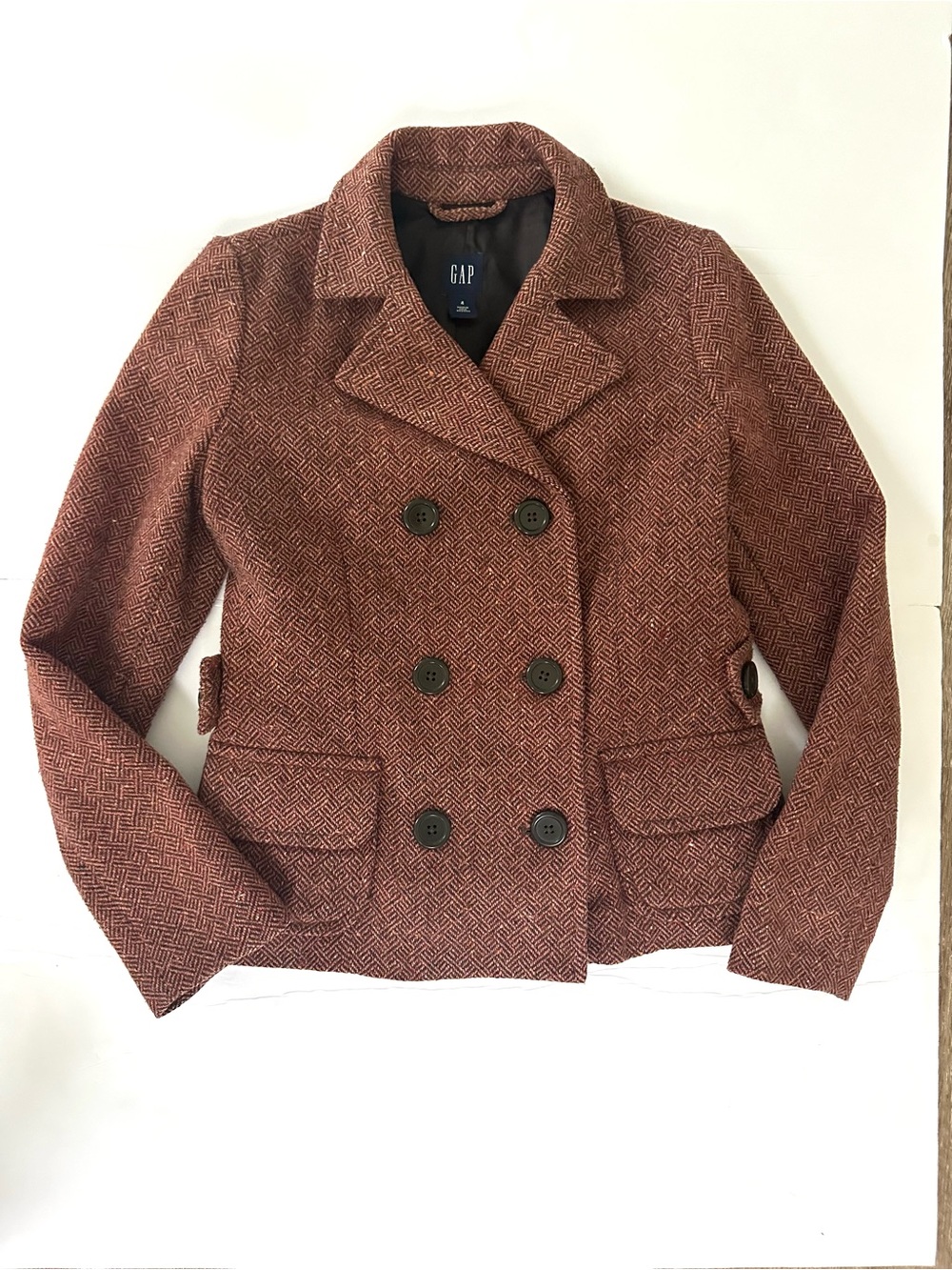 Vintage GAP Double Breasted Tweed Wool Blend Pea Coat 4 Brown Pink Y2K Academia